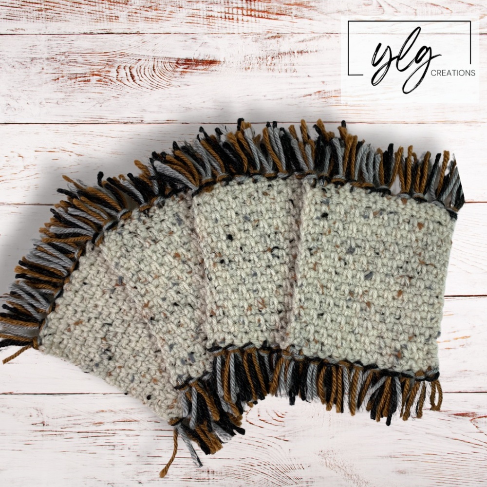 Mug Rugs Handmade Crochet Brown Gray Variegated Felt Backed Fringe 4 Coasters